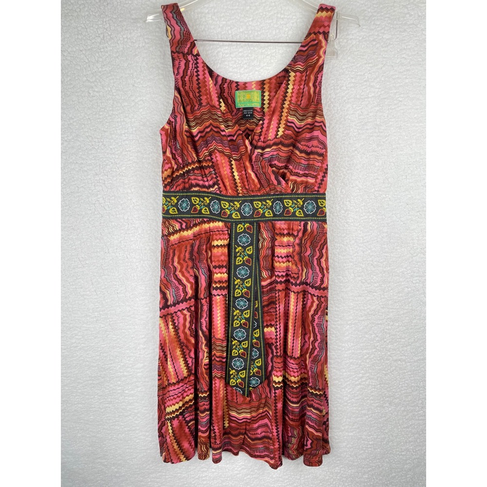 Tracy Porter Red Pink Zigzag Print Boho Midi Dress Embroidered Waist Size 4-6